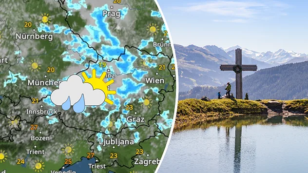 Wetterkarte zeigt unbeständiges Wetter über Österreich neben einem Wanderbild in den Bergen.