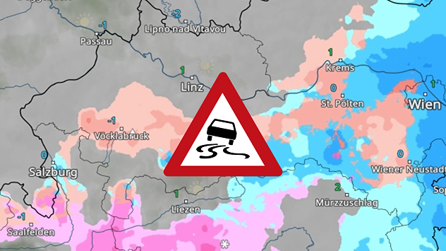 Das Bild zeigt das WetterRadar für Österreich. Zu sehen ist gefrierender Regen.