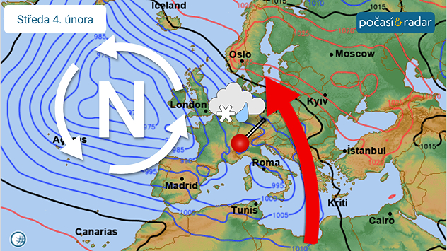 Stav synoptické situace nad Evropou ve středu 4. února: České počasí začíná od západu ovlivňovat oblast nízkého tlaku vzduchu. Ta k nám přinese mírné oteplení i více srážek.