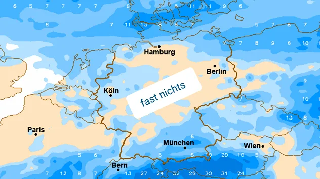 Karte der Regensumme bis übernächsten Montag. In weiten Teilen Deutschlands fällt kaum Regen, höhere Mengen vor allem im Süden.