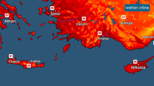 TemperaturRadar mit hohen Werten in Griechenland, Türkei und Zypern.