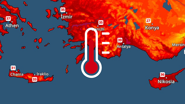 TemperaturRadar mit hohen Werten in Griechenland, Türkei und Zypern.