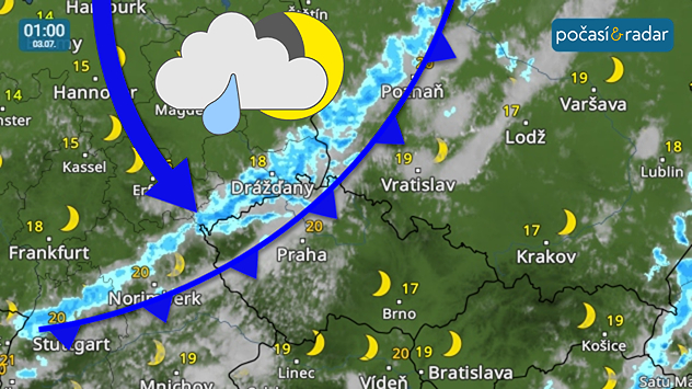 Meteoradar, screenshot, 3. 7. 1:00: V noci na pátek bude přes naše území od severozápadu přecházet slabá studená fronta. Přinese přechodně zvětšenou oblačnost, místy slabý déšť a také mírné ochlazení.