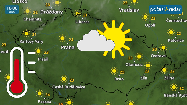 Meteoradar, screenshot, 30. září 16:00: Poslední zářijový den do Česka přináší slunečné a teplé počasí.