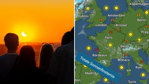 Menschen schauen sich eine Sonnenfinsternis an. Die Sonne ist schon zu teilen verdeckt. Daneben das WetterRadar für Mittwoch mit nahezu wolkenlosem Himmel.