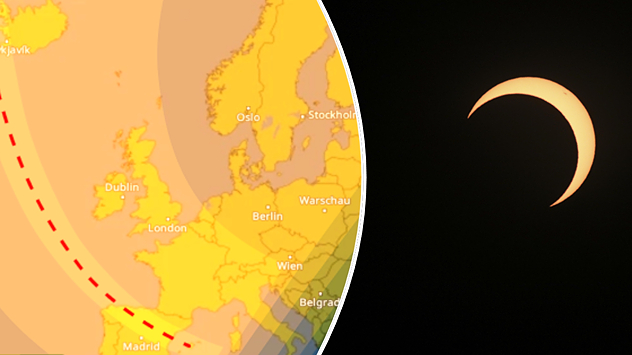 Karte zum Verlauf der Sonnenfinsternis über Europa neben einer teilweise vom Mond verdeckten Sonne.
