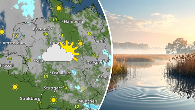 Eine geteilte Grafik zeigt links eine Wetterkarte für Deutschland und rechts eine stimmungsvolle Landschaft. Auf der Karte dominieren vielerorts graue Wolken, dazwischen gibt es aber vor allem im Norden, Osten und Südwesten sonnige Abschnitte. Die Höchstwerte liegen meist zwischen 12 und 14 Grad. Über der Landesmitte ist ein Symbol mit Sonne und Wolke platziert, das freundliches Wetter mit zeitweiligen Wolken andeutet. Rechts ist ein ruhiger See oder Fluss im Morgenlicht zu sehen. Über dem Wasser liegt leichter Nebel, Schilf säumt das Ufer und die tief stehende Sonne sorgt für eine goldene Stimmung. Im Vordergrund breiten sich konzentrische Wellen auf der Wasseroberfläche aus.