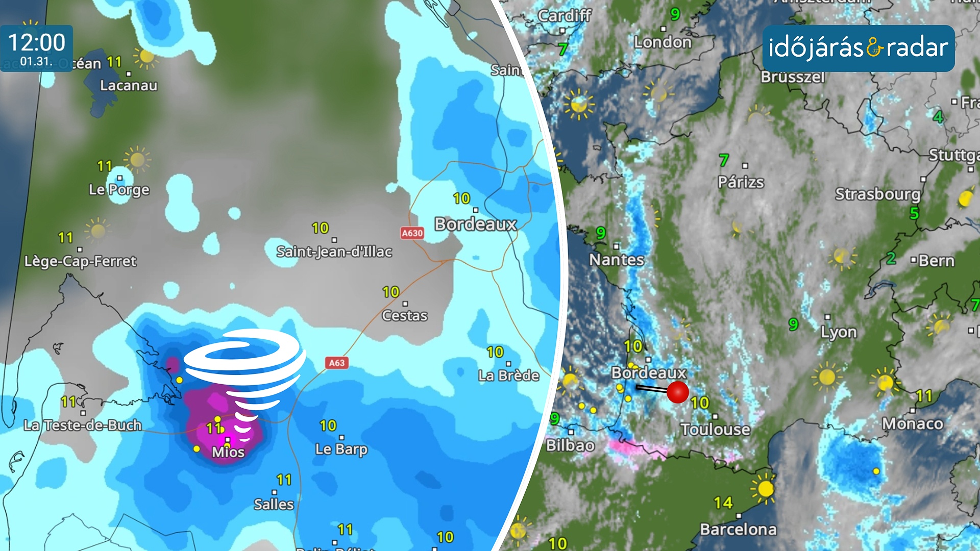 Időjárási térkép a szombati időjárásról Bordeaux közelében, ahol a tornádó kialakult.