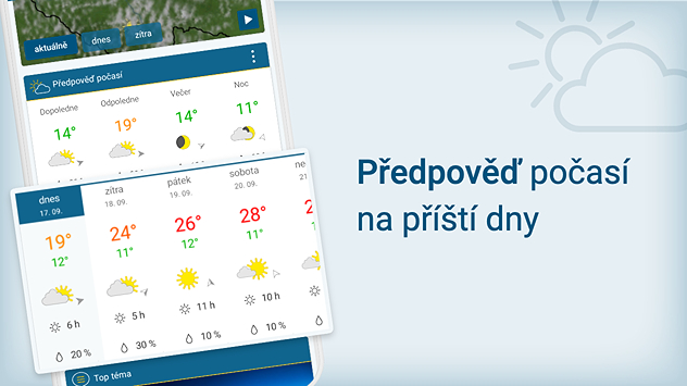 Mobilní telefon s aplikací Počasí & Radar s předpovědí počasí na nejbližší dny.