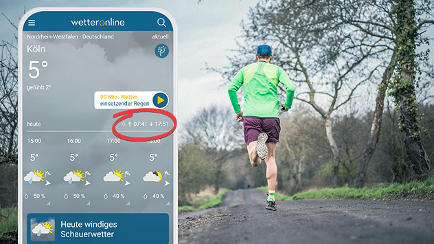 Rechts im Bild: Ein joggender Mann. Links: Sonnenaufgang und Sonnenunterganszeiten in der WetterOnline App. 