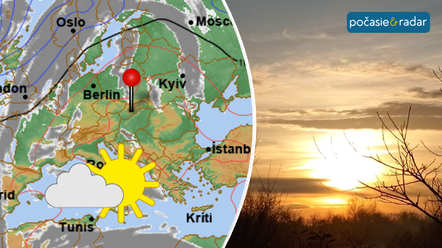 Rozdelený obrázok. Vľavo synoptická mapa, ktorá nad Slovenskom ukazuje málo oblačnosti. Vpravo koniec slnečného dňa.