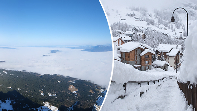 Links: Blick von einem Berg auf das Nebelmeer in den Niederungen ; Rechts: Blick auf einen Weg und Häuser in einem tief verschneiten Alpendorf