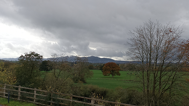 Wide view of a green field with scattered trees, one with orange autumn leaves, under heavy grey clouds and distant hills.