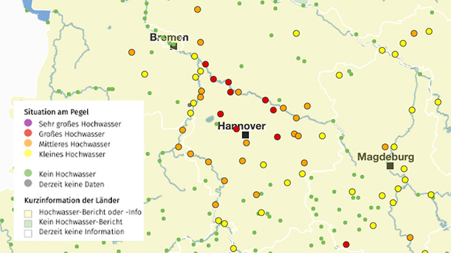 Die Karte zeigt die aktuelle Hochwasserlage in Niedersachsen. 