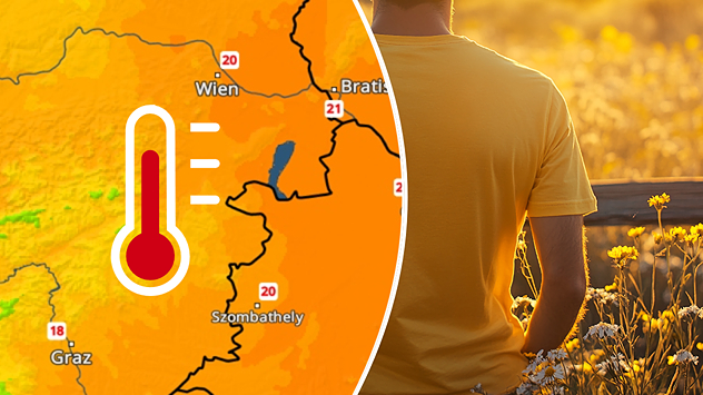 Wetterkarte mit Temperaturwerten um 20 Grad und Symbol eines Thermometers, daneben eine Person im Sonnenschein.