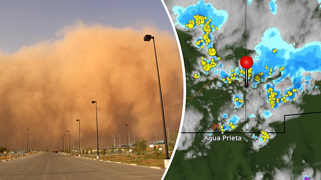 Links: Mächtige Staubwand nähert sich einer Stadtstraße mit Straßenlaternen. Rechts: Wetterkarte mit Gewittern und Regen über Nordmexiko bei Agua Prieta, markiert mit rotem Punkt. Die Wetterlage begünstigt die Bildung von Staubstürmen.