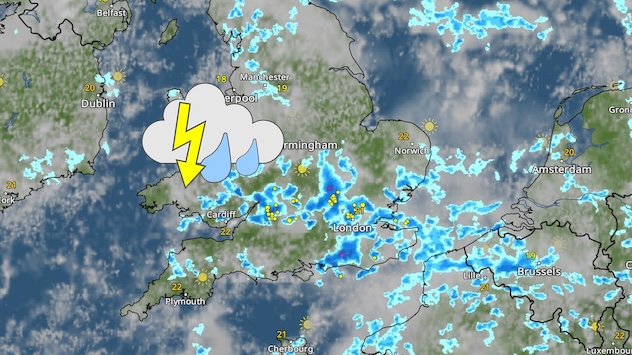 Weather map showing heavy showers and thunderstorms breaking out in England.