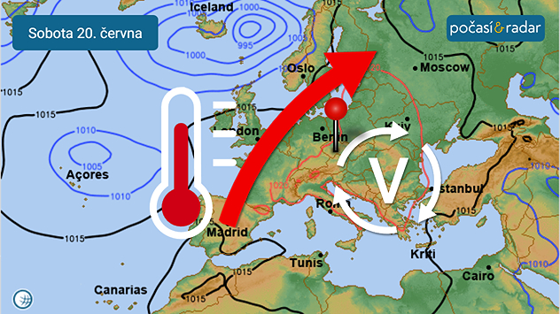 Předpověď synoptické situace nad Evropou na sobotu 20. června: Nad Česko začne v nadcházejících dnech proudit horký vzduch od jihozápadu po zadní straně tlakové výše nad střední až jihovýchodní Evropou.