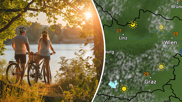 Wetterkarte Österreich zeigt Mischung aus Sonne und Wolken und ein Mann und eine Frau schauen beim Radausflug auf einen See bei tiefstehender Sonne
