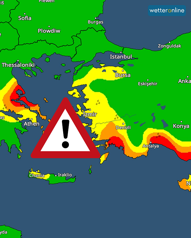 Varovná mapa ukazuje zvýšené riziko nepříznivého počasí v některých částech Řecka a Turecka. Červené varovné oblasti jsou vyznačeny zejména na západním pobřeží Řecka a jižním pobřeží Turecka.