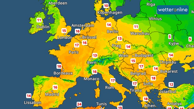 Evropská meteorologická mapa s teplotami mezi 10 a 18 stupni v západní a střední Evropě. Chladnější hodnoty směrem k východní Evropě.