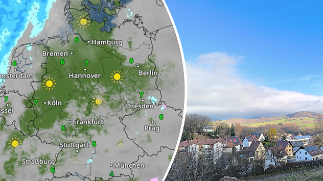WetterRadar mit sonnigen Abschnitten über Deutschland und 5 bis 7 Grad. Daneben ein Foto einer hellen Landschaft unter blauem Himmel.