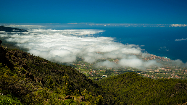 Passatwolken stauen sich in flacher Schicht an der Nordküste Teneriffas.