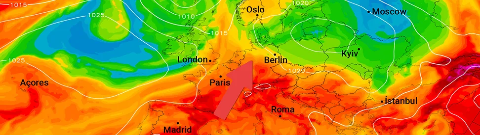 Wetterkarte Europas mit sehr warmer Luft über Süd- und Mitteleuropa. Ein Pfeil zeigt die Zugrichtung der heißen Luft von Südwesten nach Deutschland.