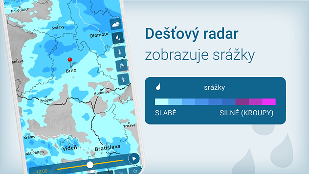 Telefon s aplikací Počasí & Radar a Dešťovým radarem s vysvětlivkami, jakou barvou je zobrazena jednotlivá intenzita srážek.