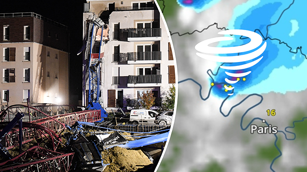 Grue de chantier renversée devant un immeuble résidentiel et carte météo avec symbole de tornade près de Paris.
