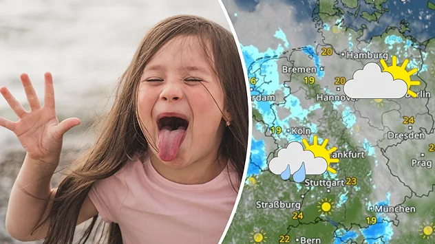 Collage aus einem Grimassen schneidenden Mädchen und einer Wetterkarte. Die 14-Tage-Prognose deutet auf einen wechselhaften Juni mit Sonne, Wolken und Regen hin.