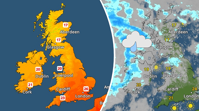 Split weather graphic showing temperatures of 17–26°C across the UK and Ireland on the left and rain spreading across Ireland and western Britain on the right.