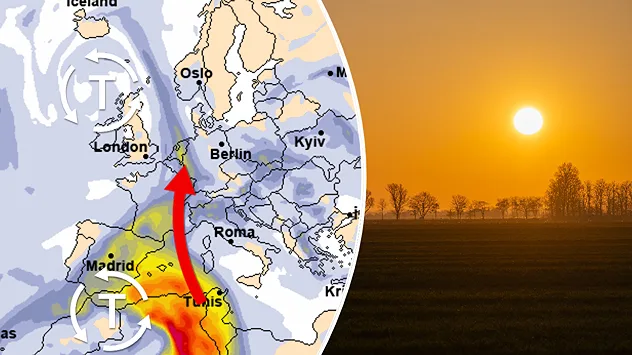 Wetterkarte mit Pfeil für Saharastaub Richtung Europa. Tief über Nordafrika steuert den Transport. Daneben orangefarbener Himmel durch Staub in der Luft.