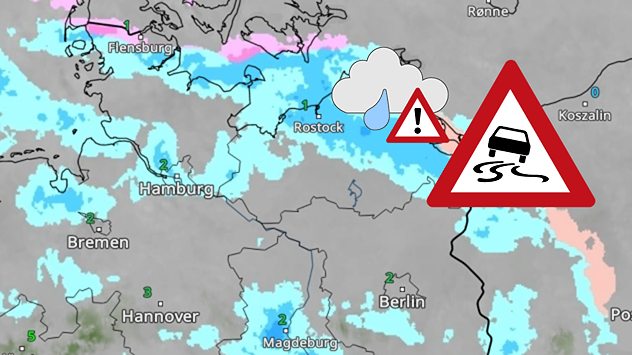 Wetterradar zeigt Niederschläge im Nordosten. Warnsymbole weisen auf gefrierenden Regen hin. Erhöhte Glättegefahr in der Nacht.