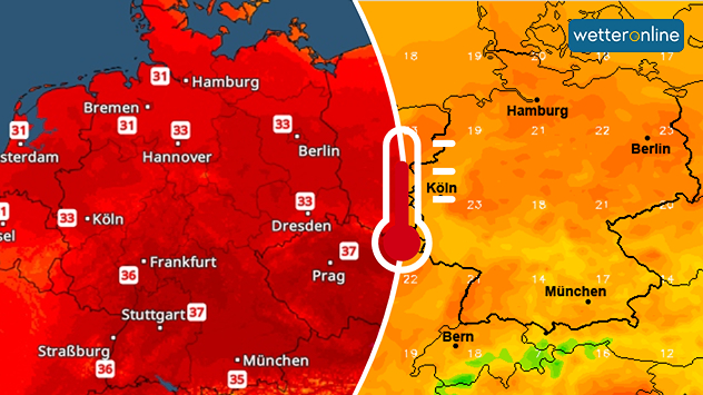 Links zeigt das TemperaturRadar große Hitze in Deutschland, rechts eine Wetterkarte einen hohen Taupunkt.