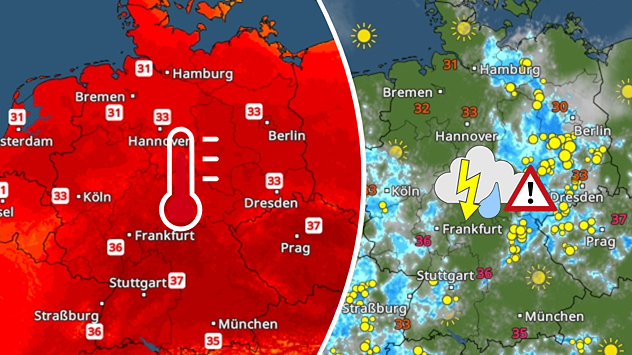 Links zeigt das TemperaturRadar große Hitze, rechts das WetterRadar viele Gewitter.