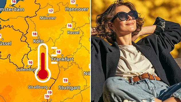 Zweigeteiltes Bild zum milden Herbstwetter: Links zeigt eine orangefarbene Wetterkarte Temperaturen zwischen 16 und 19 Grad im Westen und Südwesten Deutschlands. Ein rotes Thermometer symbolisiert die milden Temperaturen. Rechts genießt eine Frau mit Sonnenbrille und herbstlicher Kleidung entspannt die Sonne.