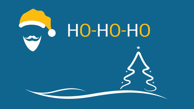 Outline of Santa Claus with a yellow and white hat, "Ho-Ho-Ho" next to the outline above a Christmas tree.