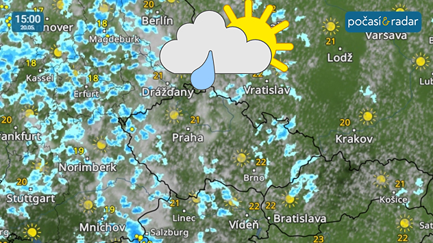 Meteoradar, screenshot, 20. 5. 15:00: Až do čtvrtka bude v Česku převládat polojasná až oblačná obloha, kterou v denních hodinách místy doprovodí přeháňky, ojediněle i bouřky.