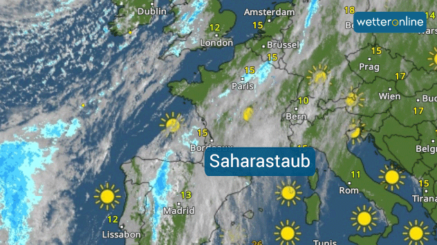 WetterRadar von Westeuropa zeigt Saharastaub-Wolken