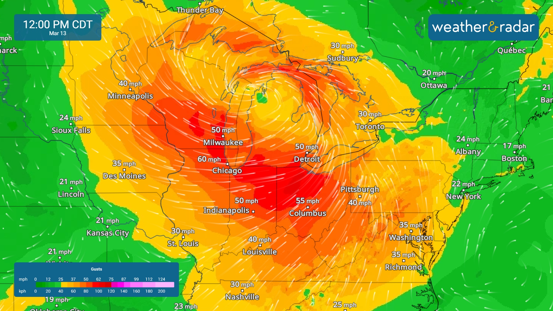 The WindRadar shows gusts upwards of 50 mph across parts of the Midwest and Great Lakes. 