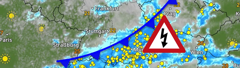 Wetterkarte von Deutschland mit Temperaturen und einer eingezeichneten Front.