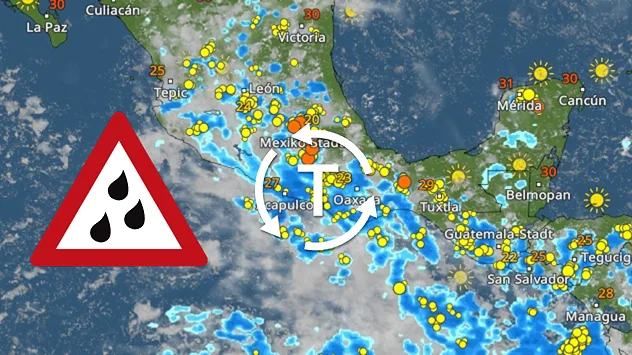 Kleine Wetterkarte mit Satelliten- und Niederschlagsdarstellung über Europa. Links unten ist ein rotes Warndreieck mit Ausrufezeichen eingeblendet. Auf der Karte sind zahlreiche blaue, gelbe und orangefarbene Wettermarkierungen zu sehen, die auf aktive Niederschläge oder Gewittergebiete hinweisen. Die Grafik vermittelt eine allgemeine Wetter- bzw. Unwetterwarnung.