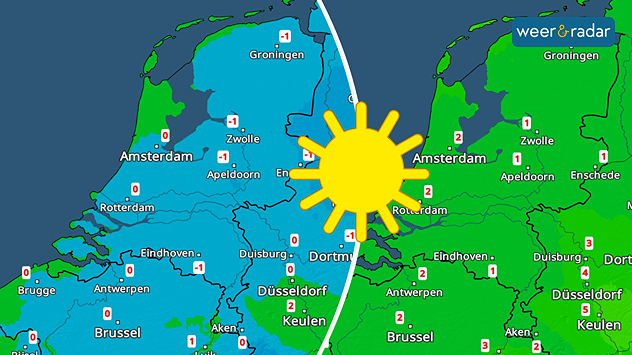 De maximumtemperatuur met links 1e kerstdag en rechts 2e kerstdag. Het wordt (links) maximaal 0 tot -1 graden, de kaart kleurt blauw. Op de rechterkaart zijn maximumtemperaturen van +1 tot +2 graden zichtbaar. De kaart is groen. Zon is ingetekend.