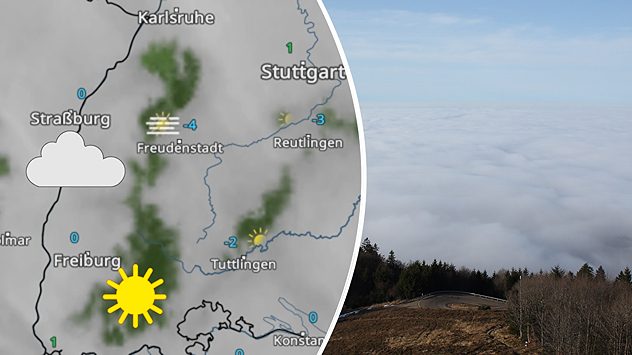 Kombination aus WetterRadar und Landschaftsbild. Hochnebel liegt flächig, darüber sonnige Höhenlagen. (c) foto-webcam.eu