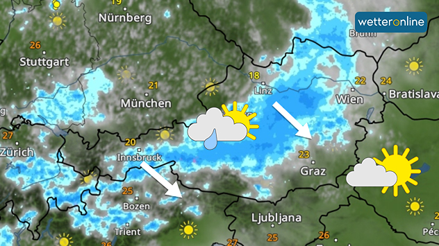 Eine Wetterkarte von Österreich zeigt Regen vor allem in der Mitte des Landes.