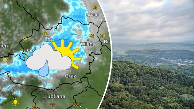 Links: Eine Wetterkarte von Österreich zeigt Regen vor allem in der Mitte des Landes.; Rechts: Blick über dichte, grüne Wälder und Hügel in eine weite Landschaft. Am Himmel liegen ausgedehnte Wolken mit gedämpftem Licht.
