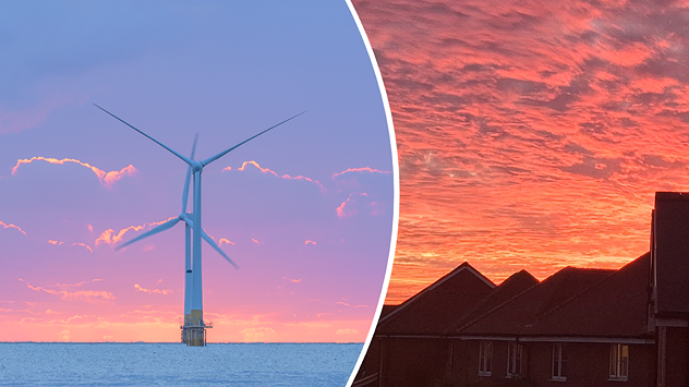 Split image showing offshore wind turbines beneath a pink-purple sky and a fiery red-orange sunset above silhouetted rooftops.