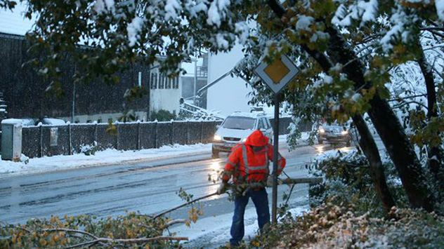 Riskante Aufräumarbeiten: Unter gefährlich überhängenden Laubbäumen räumt ein Mann abgebrochene Äste von der Fahrbahn.