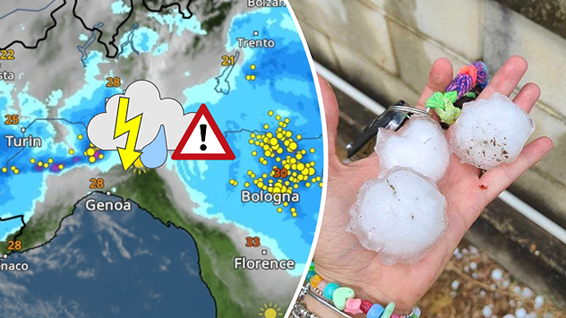 A weather map showing thunderstorms over northern Italy and a photograph of large hailstones in a hand.